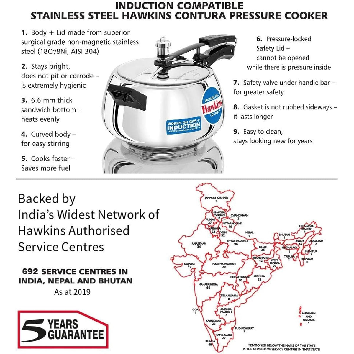Hawkins 5 Litre Contura Pressure Cooker, Stainless Steel Inner Lid Cooker, Induction Cooker, Silver (SSC50)