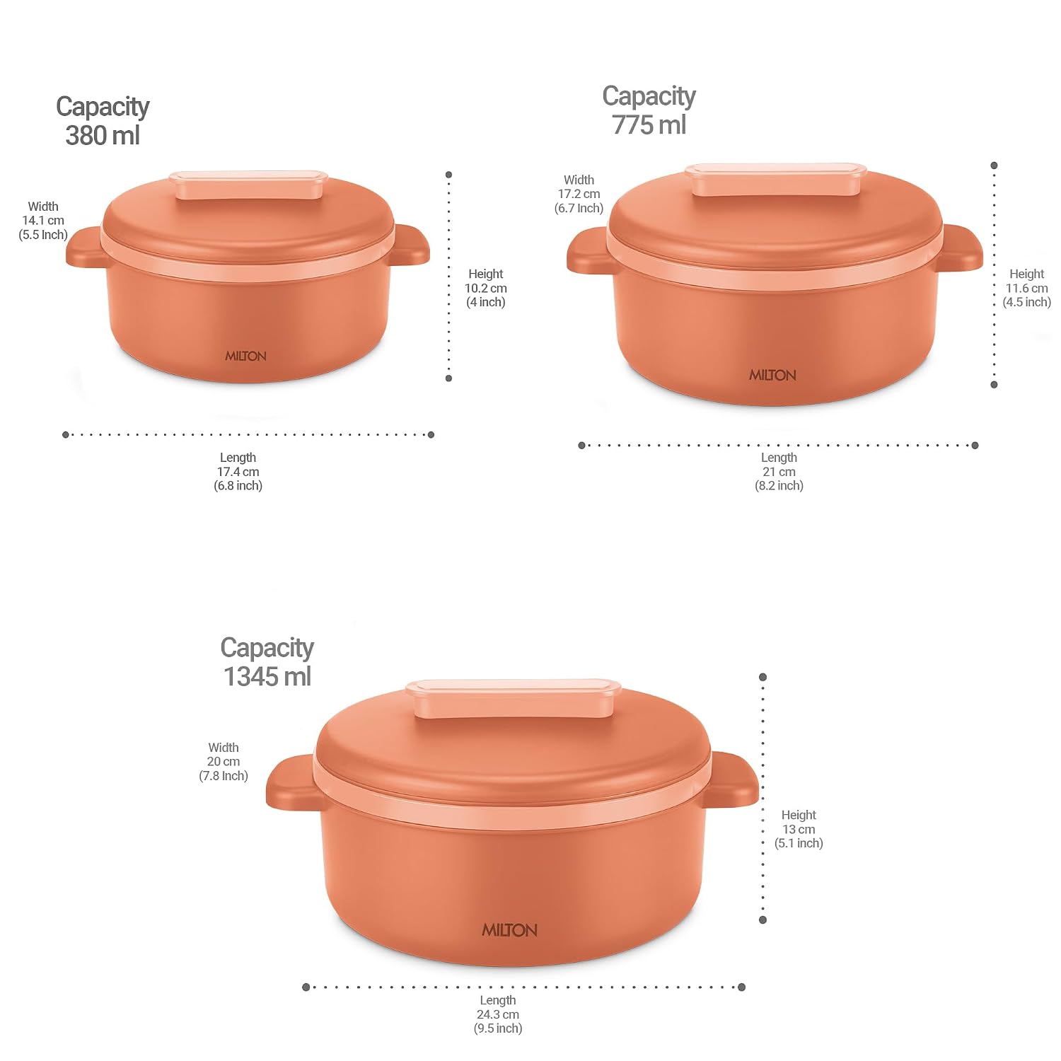 MILTON Micronova Jr. Gift Set Inner Stainless Steel Casserole, Set of 3 (380 ml, 775 ml, 1345 ml)