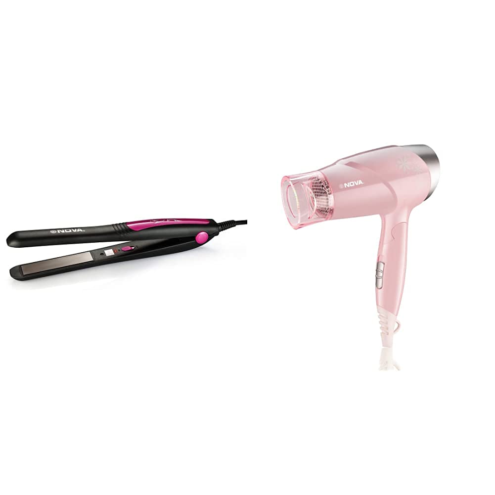 Nova NHS - 840 Selfie Hair Straightener for Women (Pink) & Nova NHP 8202 Premium 1400 Watts Hot and Cold Foldable Hair Dryer for Women (Pink)