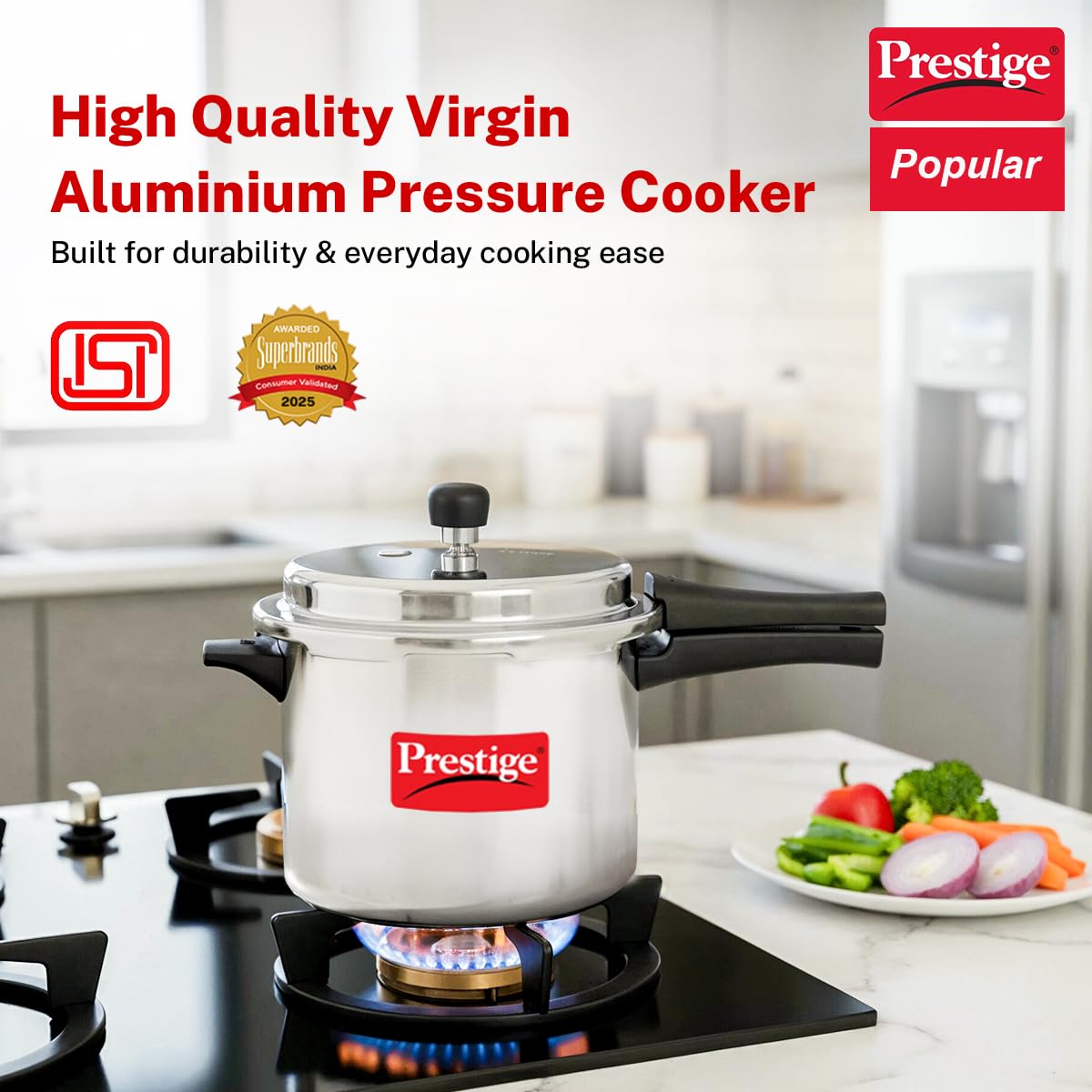 Prestige 5 Litre Aluminium Popular Outerlid Pressure Cooker | Virgin Aluminium| Gas Compatible|Controlled Gasket Release System|5 years warranty|ISI Certified