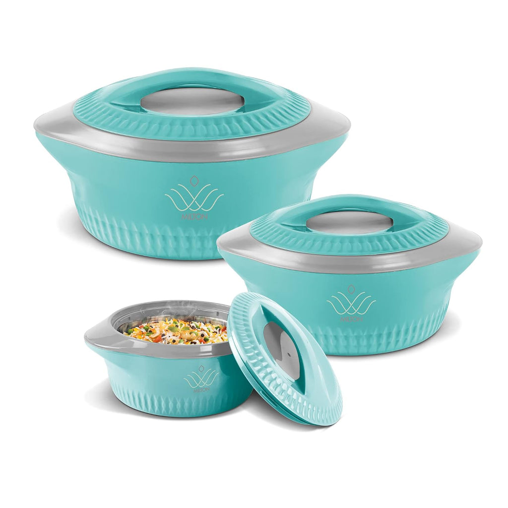 MILTON Royal Jr. Set of 3 Serving Casserole Double Walled Inner Stainless Steel, (410 ml, 830 ml, 1270 ml).