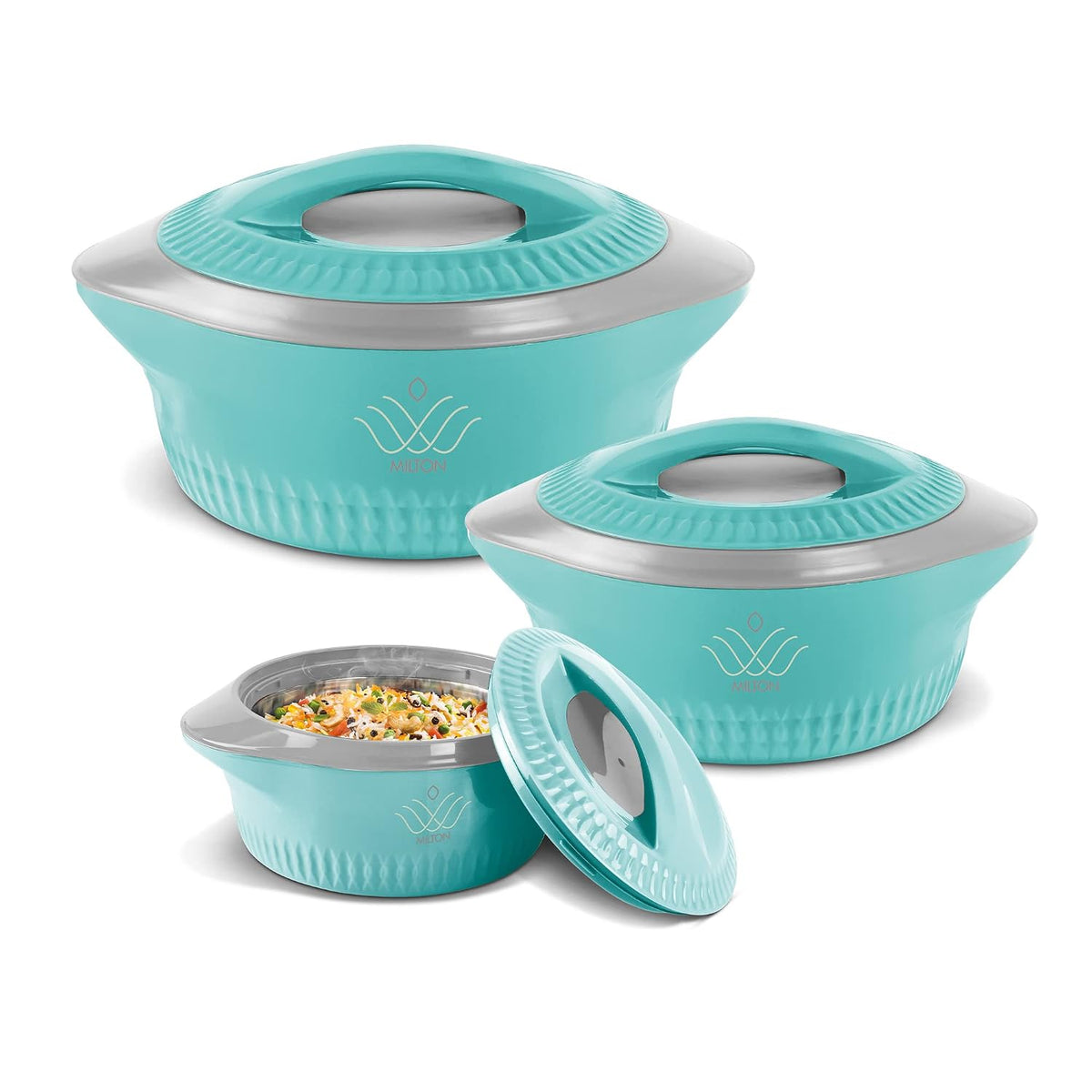 MILTON Royal Jr. Set of 3 Serving Casserole Double Walled Inner Stainless Steel, (410 ml, 830 ml, 1270 ml).