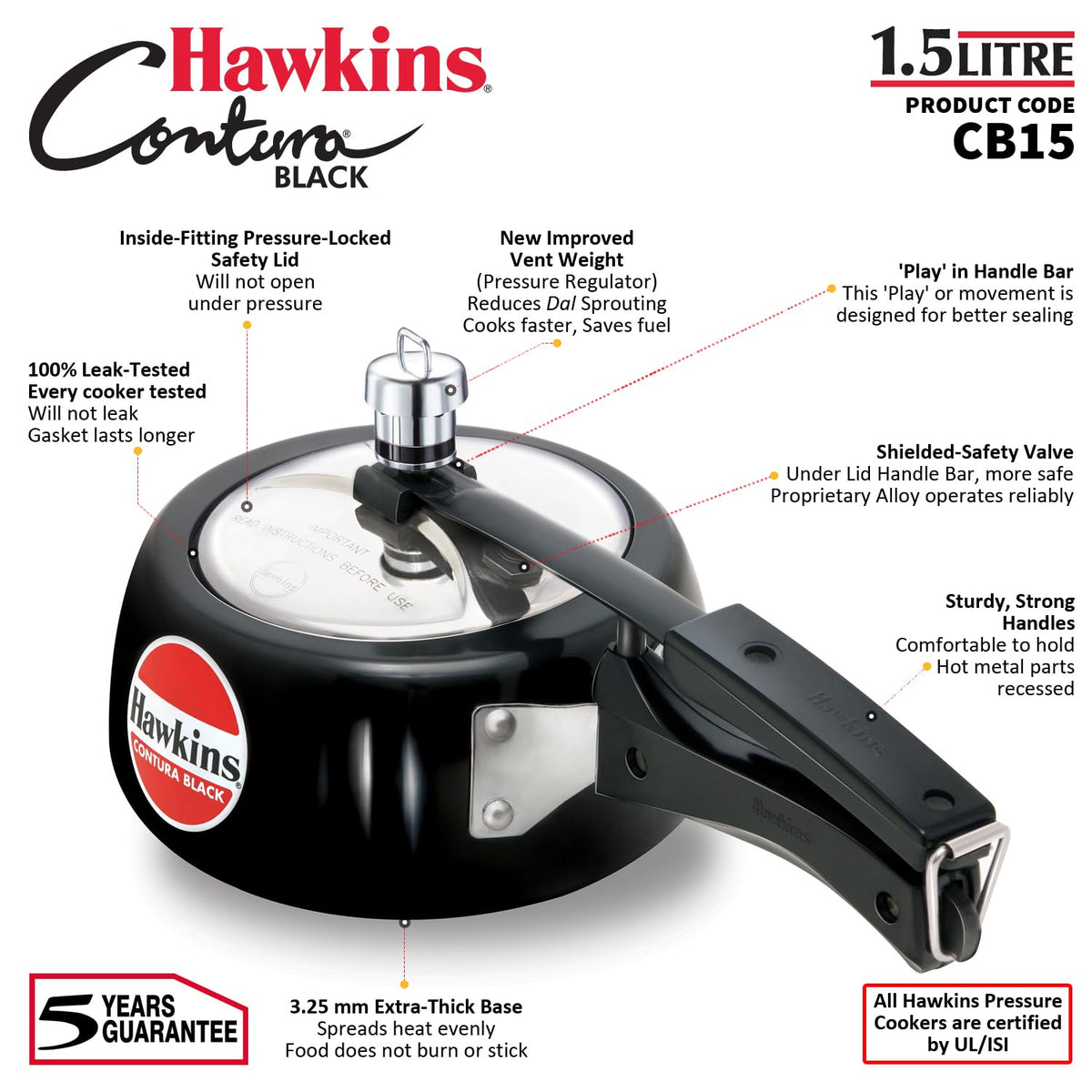 Hawkins 1.5 Litre Contura Black Pressure Cooker, Hard Anodised Inner Lid Cooker, Baby Cooker, Black(CB15)