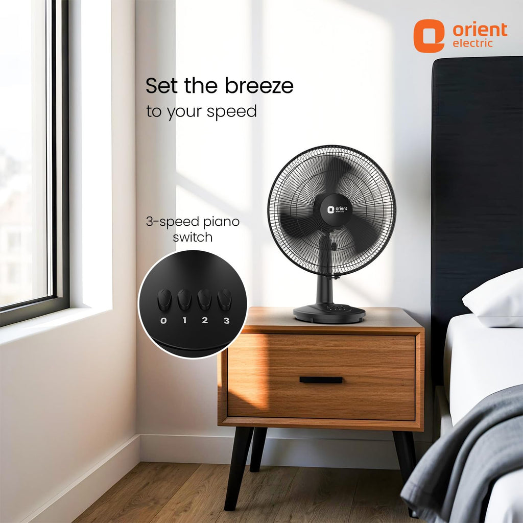 Orient Electric 400 mm Table 77 | High Speed Table Fan for Home|100% Copper Motor with Thermal Overload Protection | 90 Degree Oscillation | 3 Speed Control | Military Grade Guard | Black
