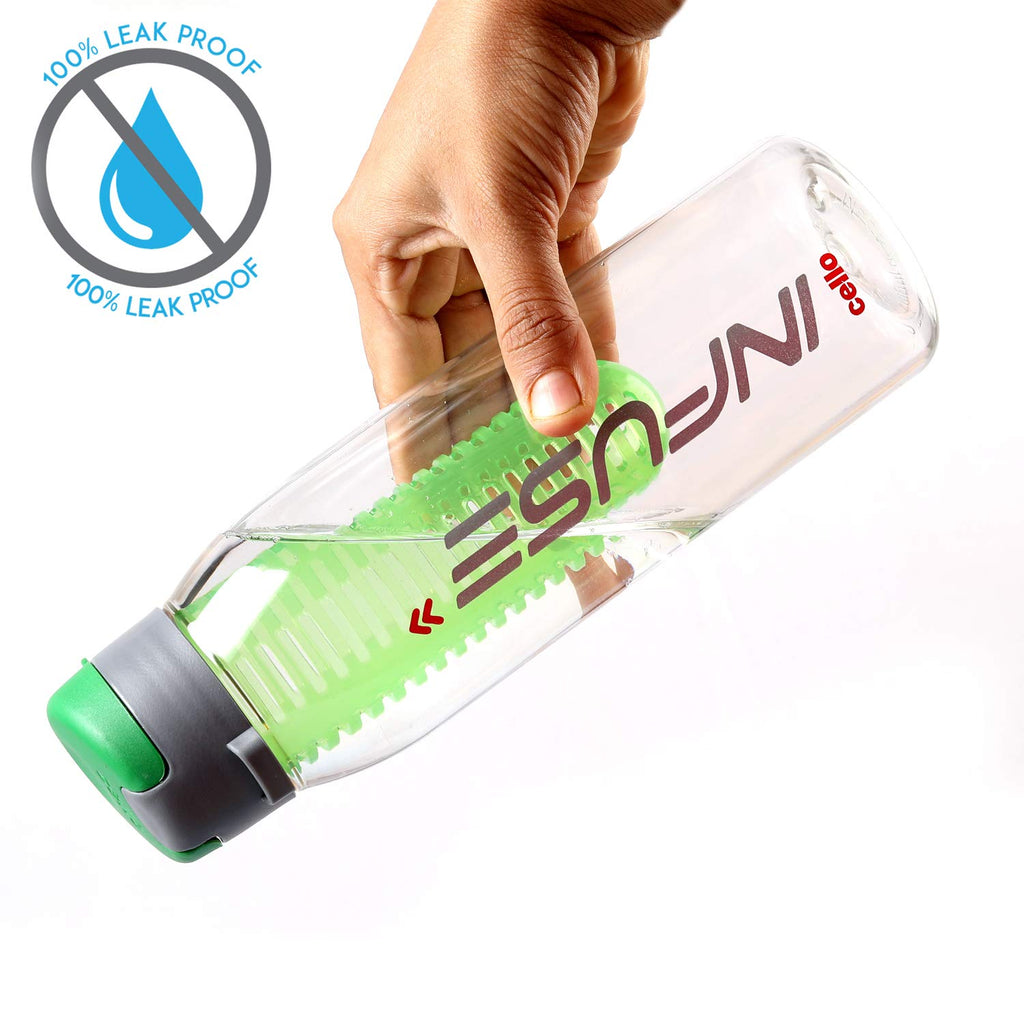 CELLO Fruit Infuser Water Bottle 800ml, Green | Wide Sealed Flip-Top Cap, Leak-Proof & Durable | Airtight, Reusable | Detox Infuser Bottle for Fridge, Gym, Office, Travel, Kitchen & Trekking
