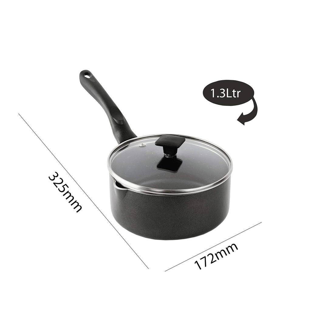 CELLO Aluminium Non-Stick Sauce/Milk Pan with Glass Lid for Kitchen 1.5 Litre, Black | PFOA Free, Bakelite Handle, Gas Stove & Induction Compatible Milk Tea Sauce Boiling Water Pans Pots for Cooking