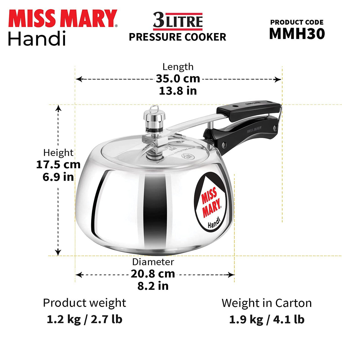 Hawkins Miss Mary Aluminium Inner Lid Handi Pressure Cooker, 3 Litre And 5 Litre, Combo Set, Silver, 3 Liter