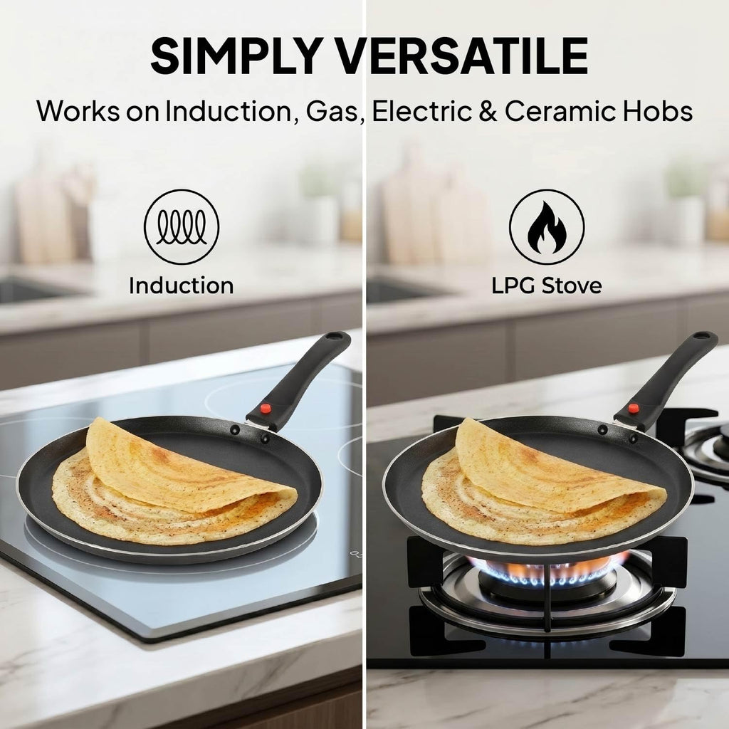 CELLO Aluminium Non-Stick Induction Base Dosa Tawa with Detachable Bakelite Handle 28 CM Black