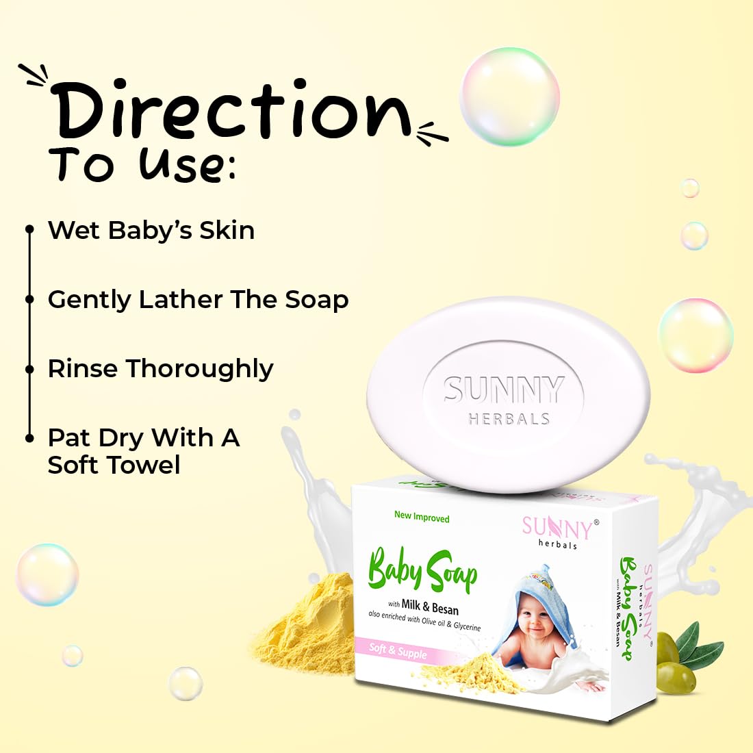 Sunny Herbals Baby Soap | Made with Milk, Besan, Glycerine & Olive Oil,75 gm (Pack of 6)