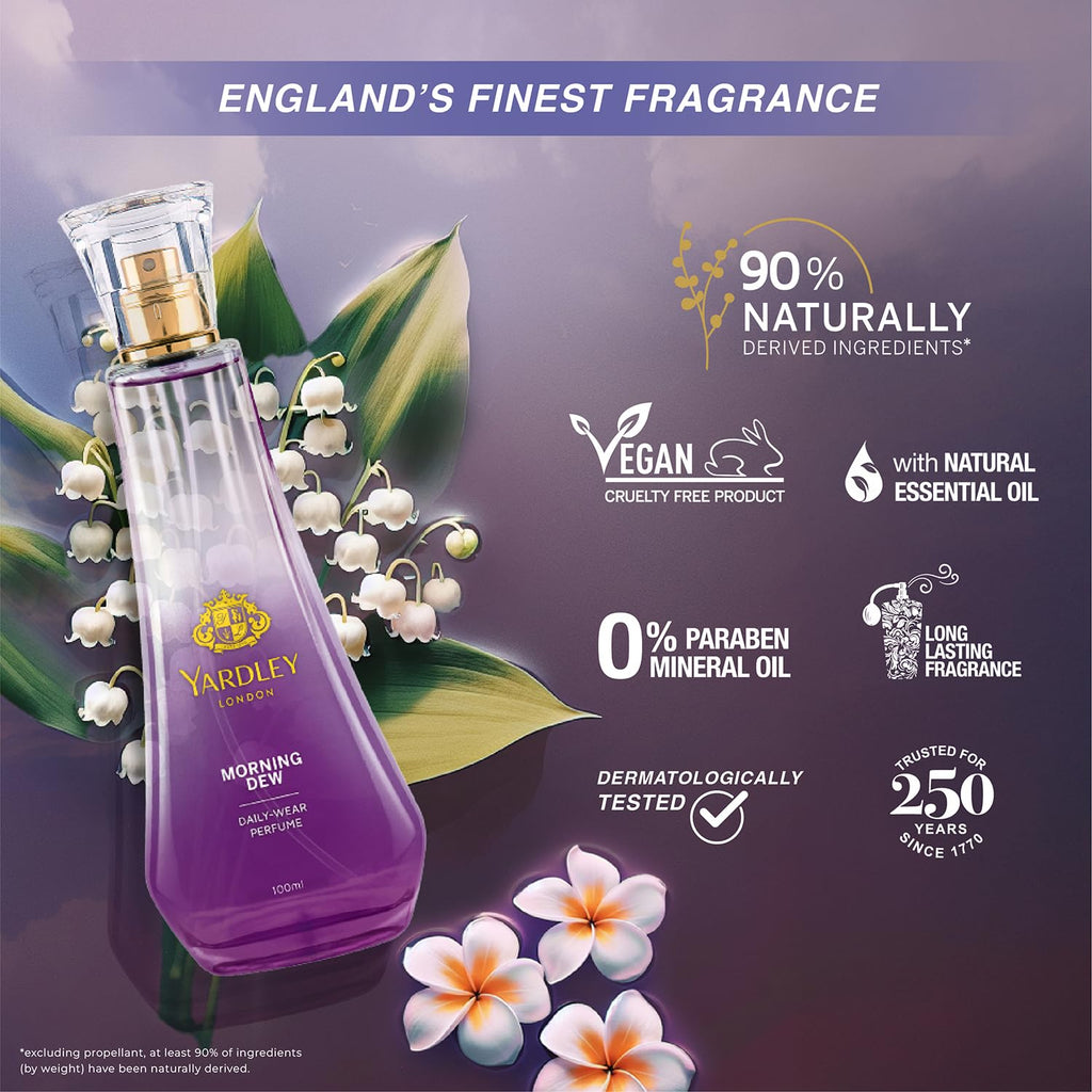 Yardley London Morning Dew Perfume for Women, 100ml – 90% Naturally Derived, Fresh Floral Daily Wear Spray | Lily of Valley & Frangipani Floral Fragrnace