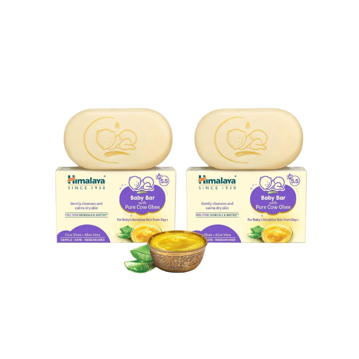 Himalaya Baby Bar with Pure Cow Ghee 125G|ph 5.5|Aloe vera|Soap free|Derma Tested | Safe for newborns|For baby's sensitive skin from day 1 (Pack of 2)