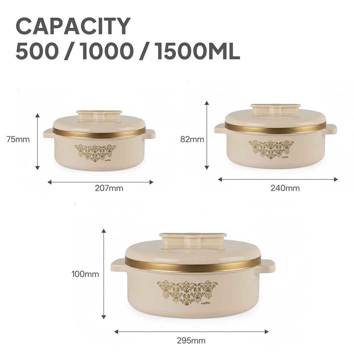 CELLO Exotic Casserole Hot Pot Box Case Set of 3 Pcs For Kitchen, Cream (500ml, 1000ml, 1500ml) |
