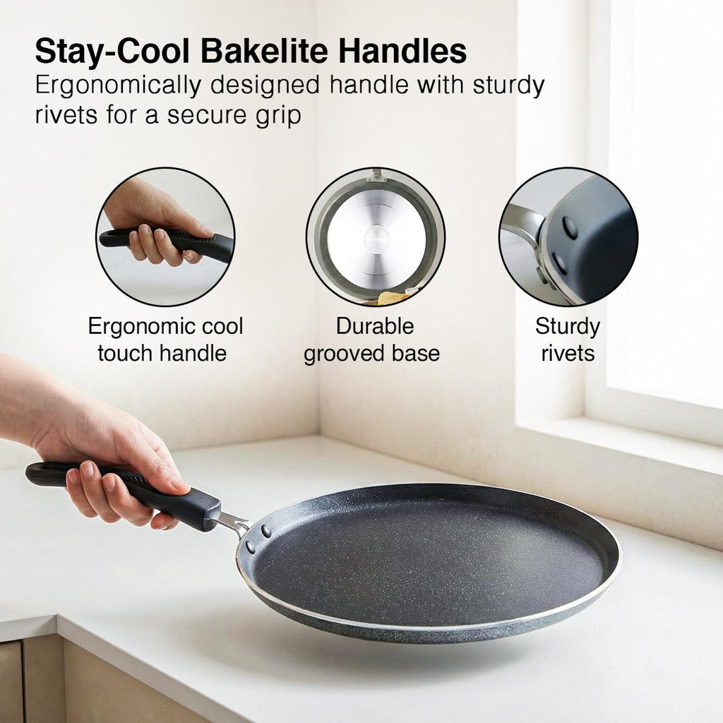 Prestige Omega Select Plus Aluminium Non-Stick Omni Tawa with Sleeve Packing Dia 27.5 cm, Black