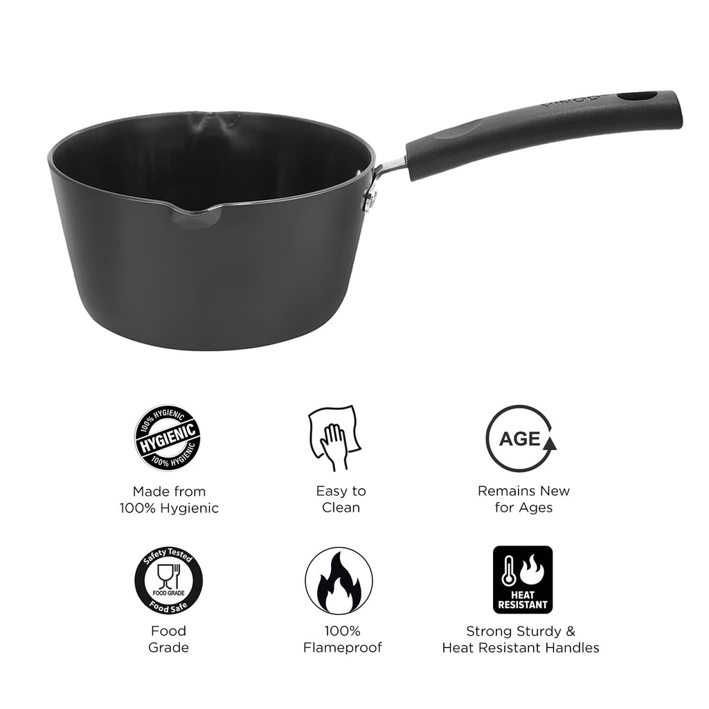 Vinod Black Pearl Hard Anodised American Non Stick Saucepan - 1 Litre, 14cm | 3.25mm Thickness | Metal Spoon Friendly | Easy to Pour | 2 Year Warranty | Toxin Free - Black