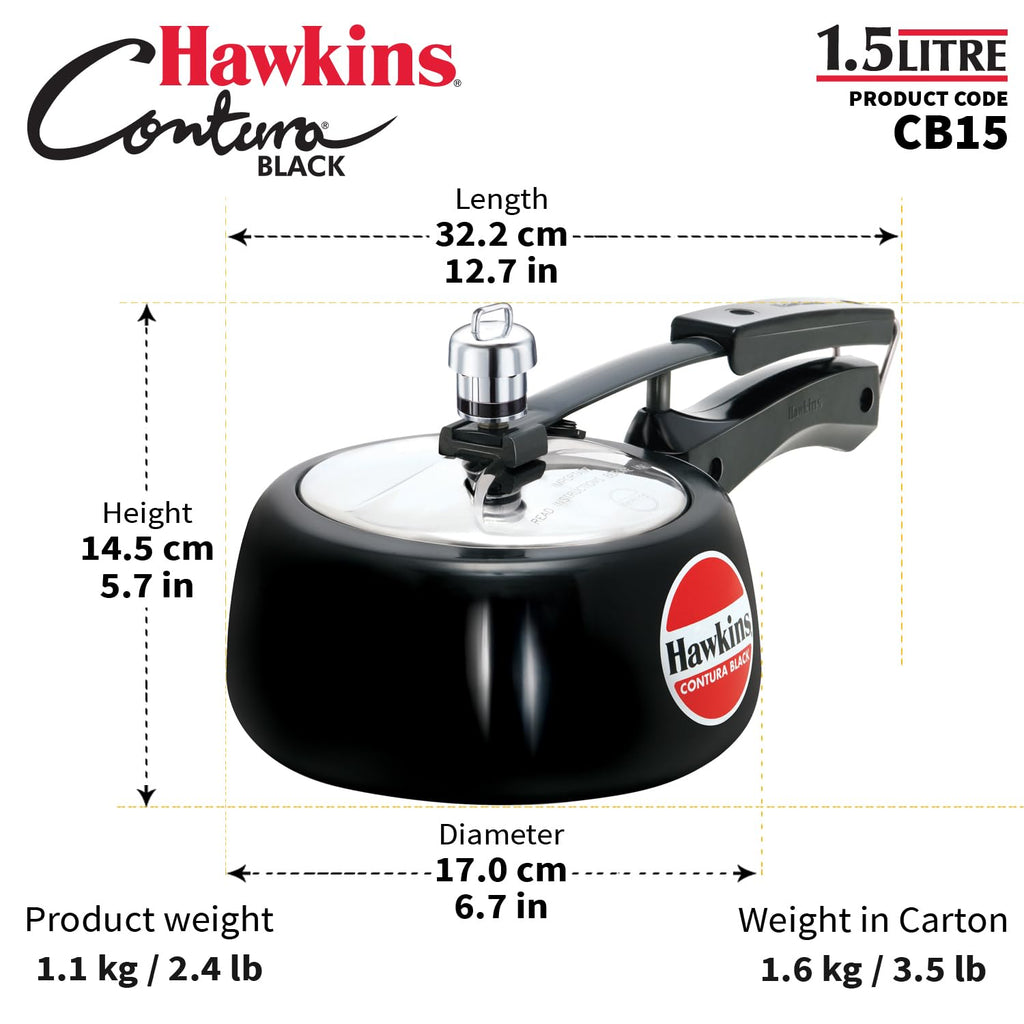 Hawkins 1.5 Litre Contura Black Pressure Cooker, Hard Anodised Inner Lid Cooker, Baby Cooker, Black(CB15)