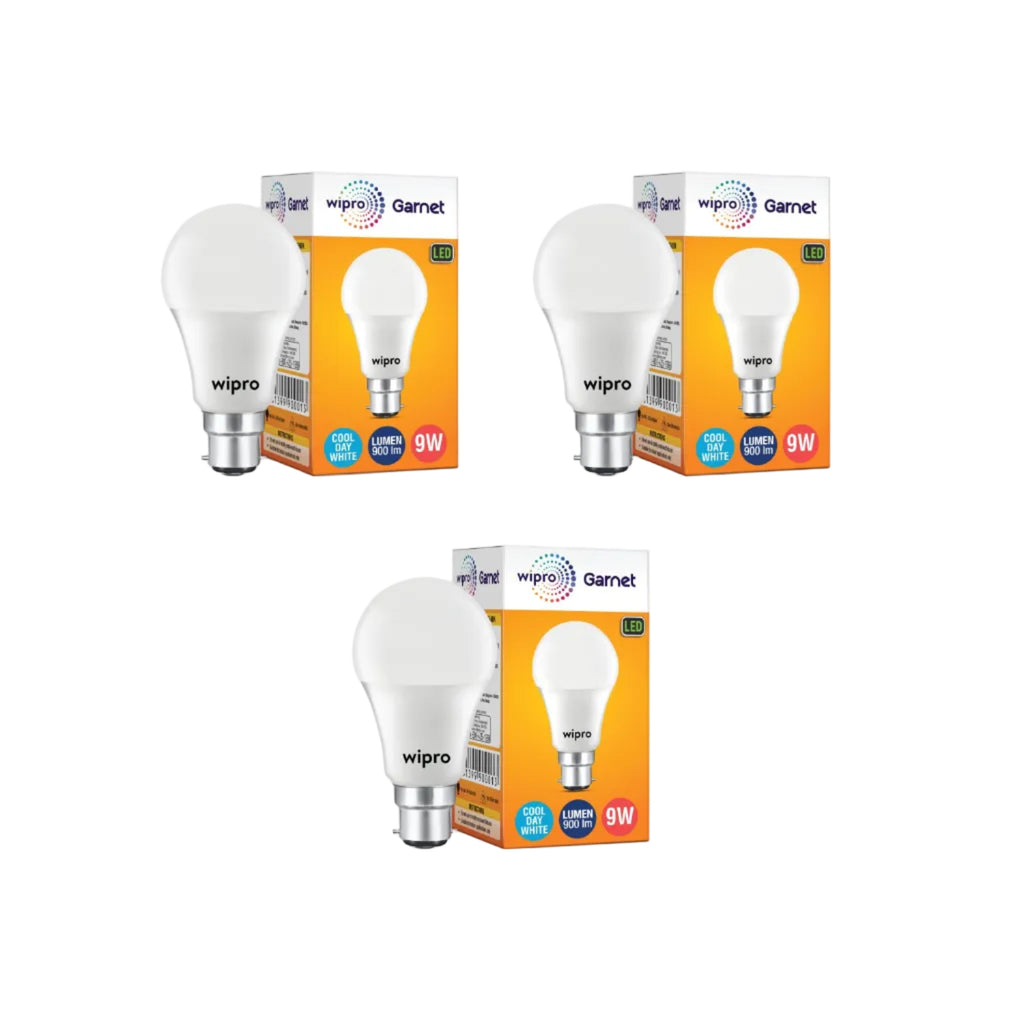 wipro Garnet 9W LED Bulb for Home & Office |Cool Day White (6500K) | B22 Base|220 degree Light coverage |4Kv Surge Protection |400V High Voltage Protection |Energy Efficient | Pack of 3