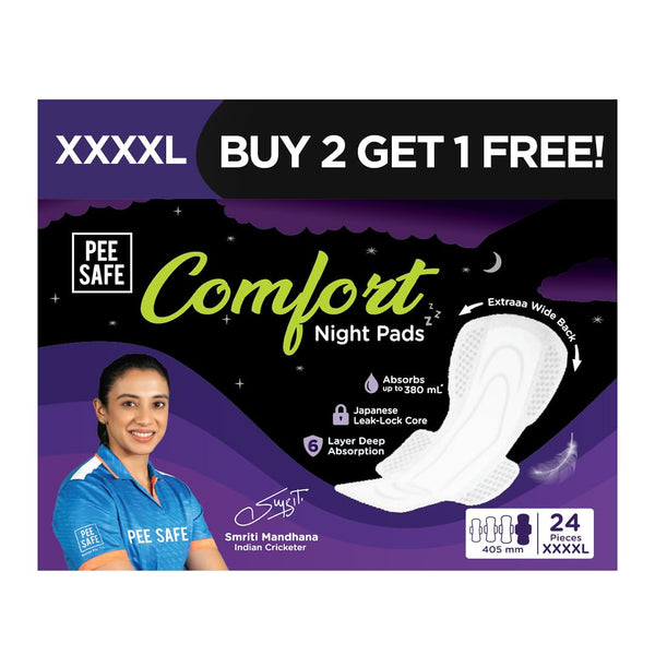 Pee Safe Comfort Night Pads XXXXL-24 Pads - 405mm | 76% Longer | Extra Wide Back with Dual Wings | 6 Layer Deep Absorption | Japanese Leak-Lock Technology | Overnight Leak Free Protection