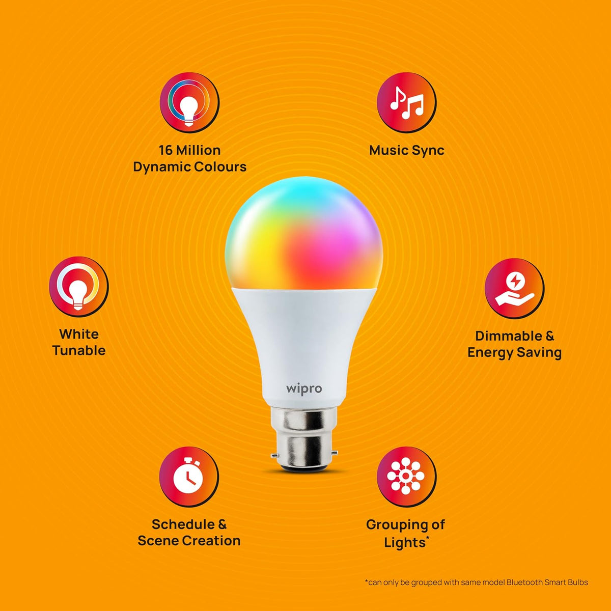 wipro 9W Bluetooth Enabled Smart Bulb B22 | 16 million Colours | White Tunable (Warm, Neutral & Cool White) | Dimmable | App-Control | Music Sync |...