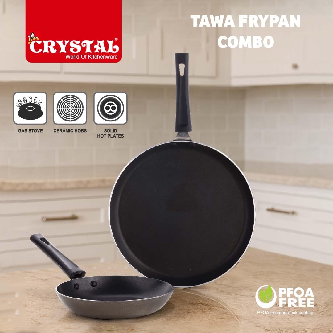 Crystal Nonstick Cookware Set - 2 Pcs | Tawa 280mm + Fry Pan 200 mm | Gas Stove Compatible | Multicolour