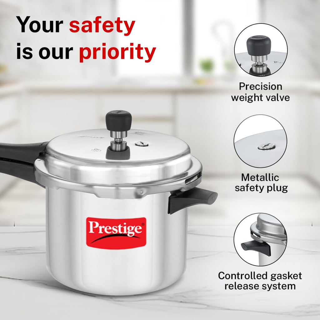 Prestige 5 Litre Aluminium Popular Outerlid Pressure Cooker | Virgin Aluminium| Gas Compatible|Controlled Gasket Release System|5 years warranty|ISI Certified