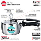 Hawkins 1.5 Litre Triply Stainless Steel Pressure Cooker, Inner Lid Induction Baby Cooker, Silver (HSST15)