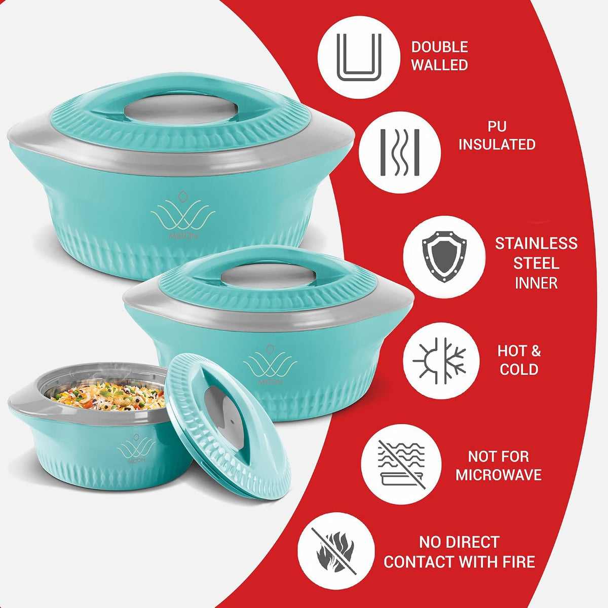 MILTON Royal Jr. Set of 3 Serving Casserole Double Walled Inner Stainless Steel, (410 ml, 830 ml, 1270 ml).