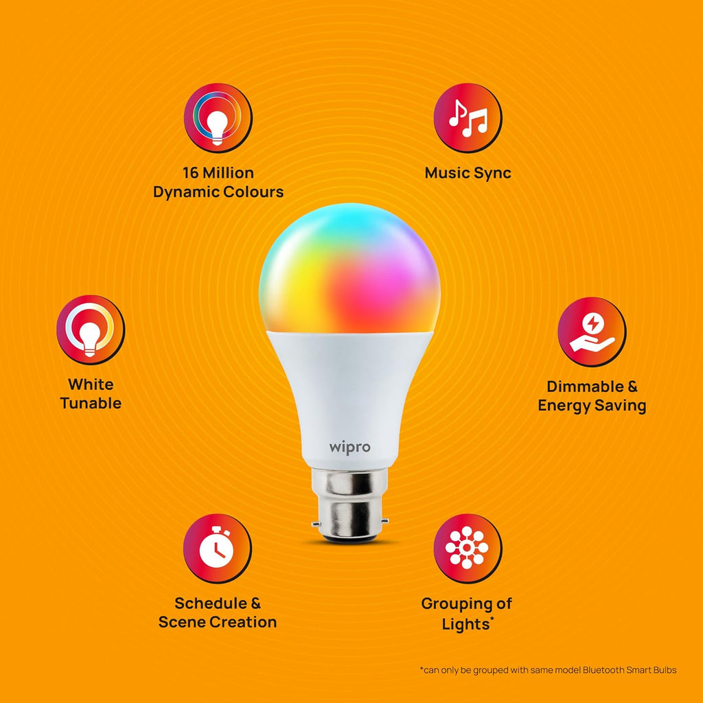 wipro 9W Bluetooth Enabled Smart Bulb B22 | 16 million Colours | White Tunable (Warm, Neutral & Cool White) | Dimmable | App-Control | Music Sync |...