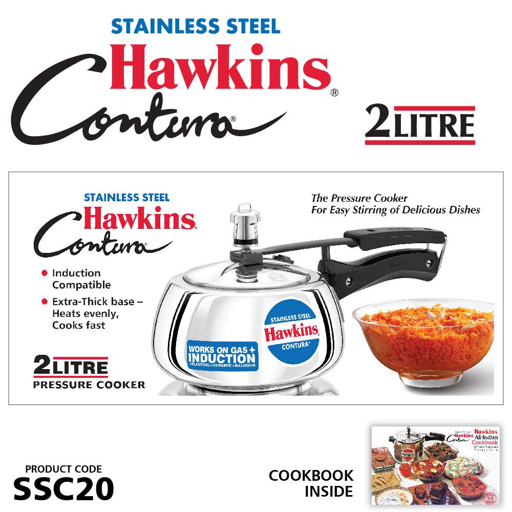 Hawkins 2 Litre Contura Pressure Cooker, Stainless Steel Inner Lid Cooker, Induction Cooker, Silver (SSC20)