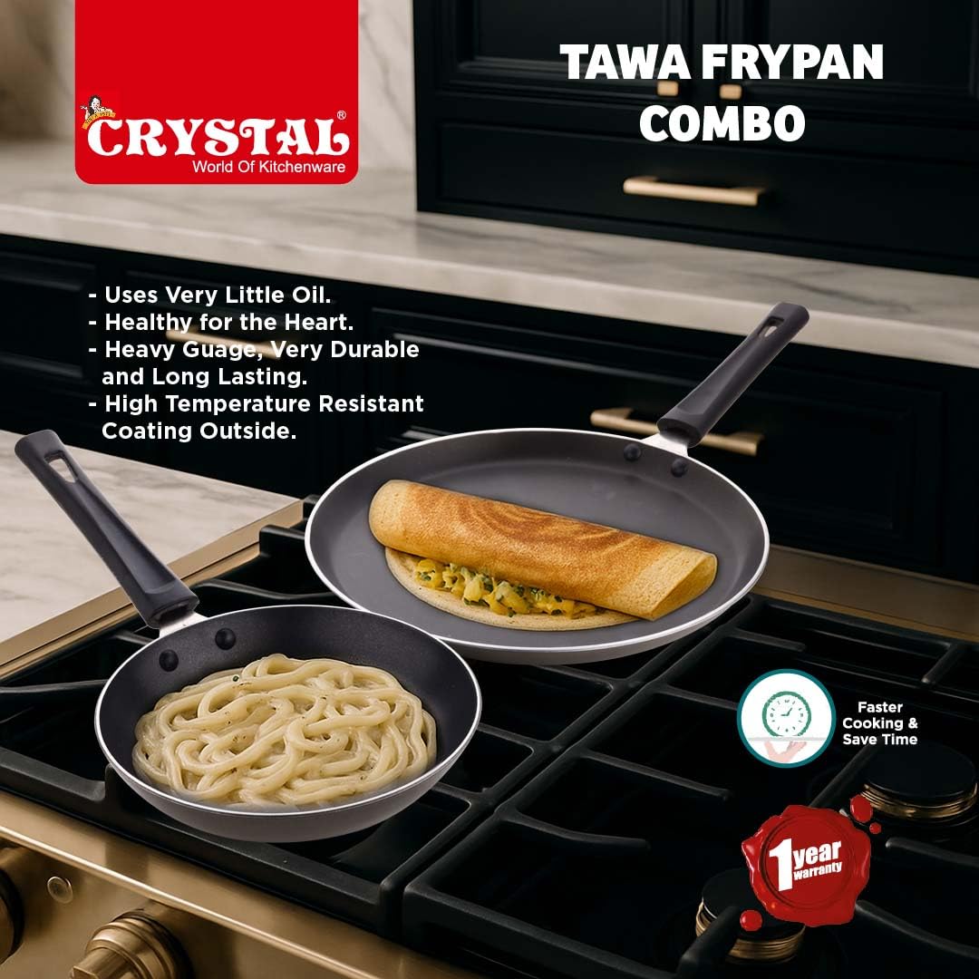 Crystal Nonstick Cookware Set - 2 Pcs | Tawa 280mm + Fry Pan 200 mm | Gas Stove Compatible | Multicolour