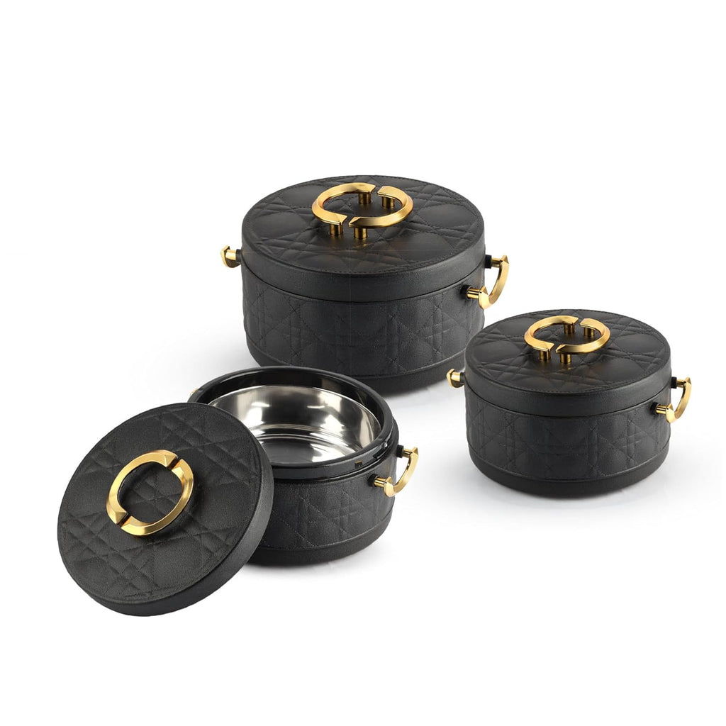 CELLO Ornetto Big Set of 3 Pcs Insulated Steel Casserole Hot Box for Kitchen, Black (1500ml, 2000ml, 2500ml) |