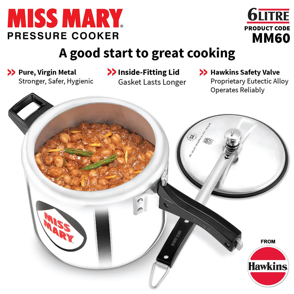 Hawkins Aluminium 6 Litre Miss Mary Pressure Cooker, Inner Lid Cooker, Silver (Mm60)