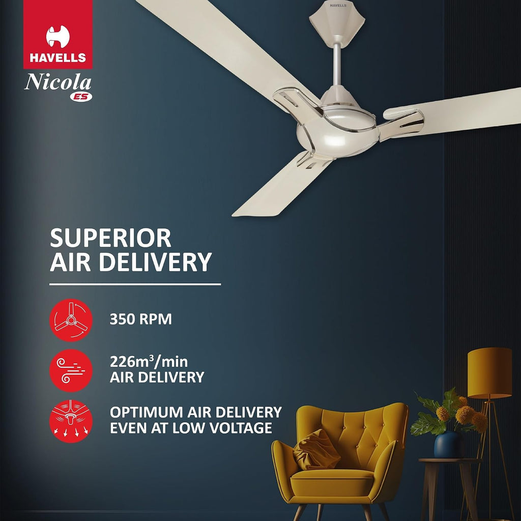 Havells 1200mm Nicola Energy Saving Ceiling Fan (Pearl White Silver, Pack of 1) 2 Star