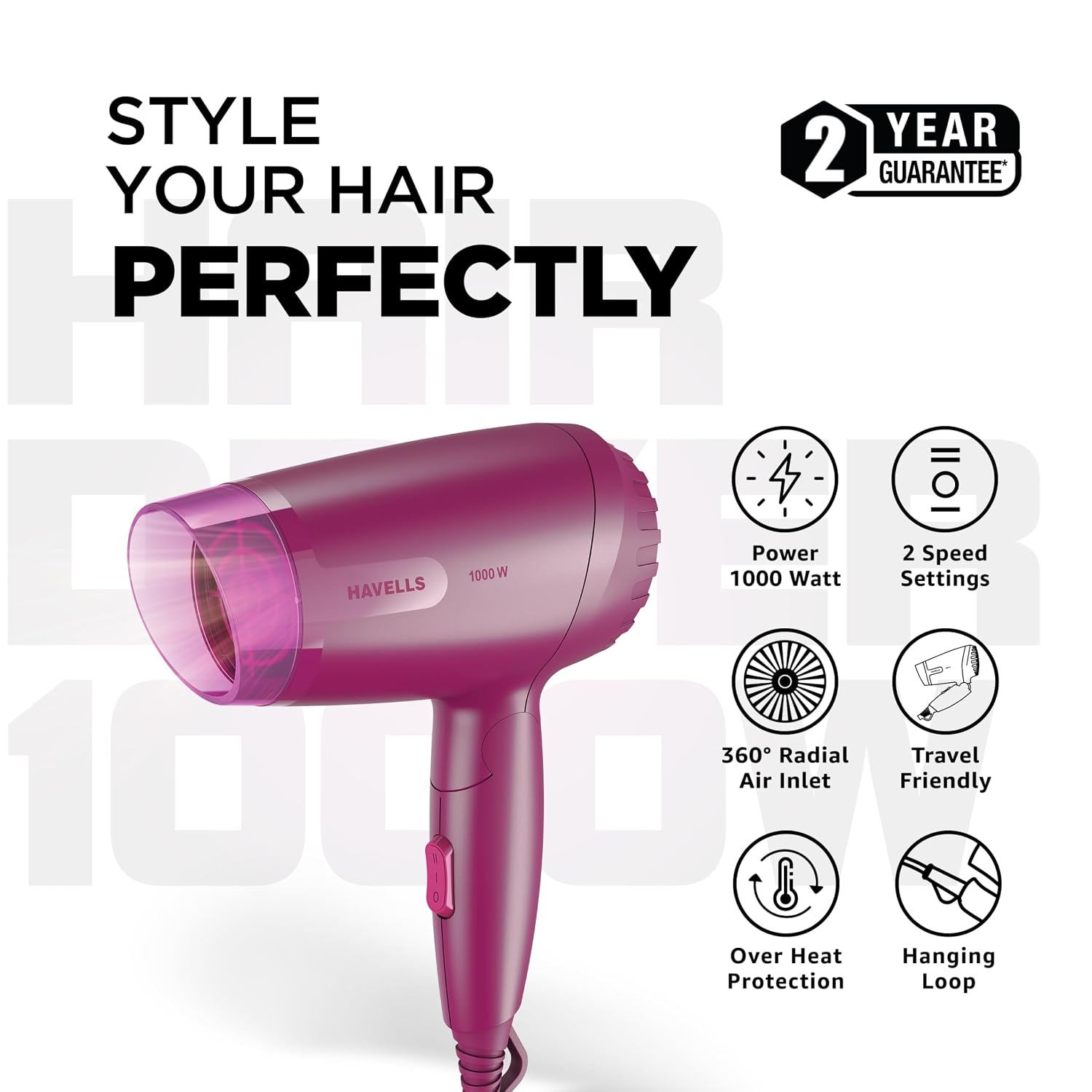 Havells 1000W Foldable Hair Dryer|Blow Dry for Men & Women|2 Temperature Settings| HD1845