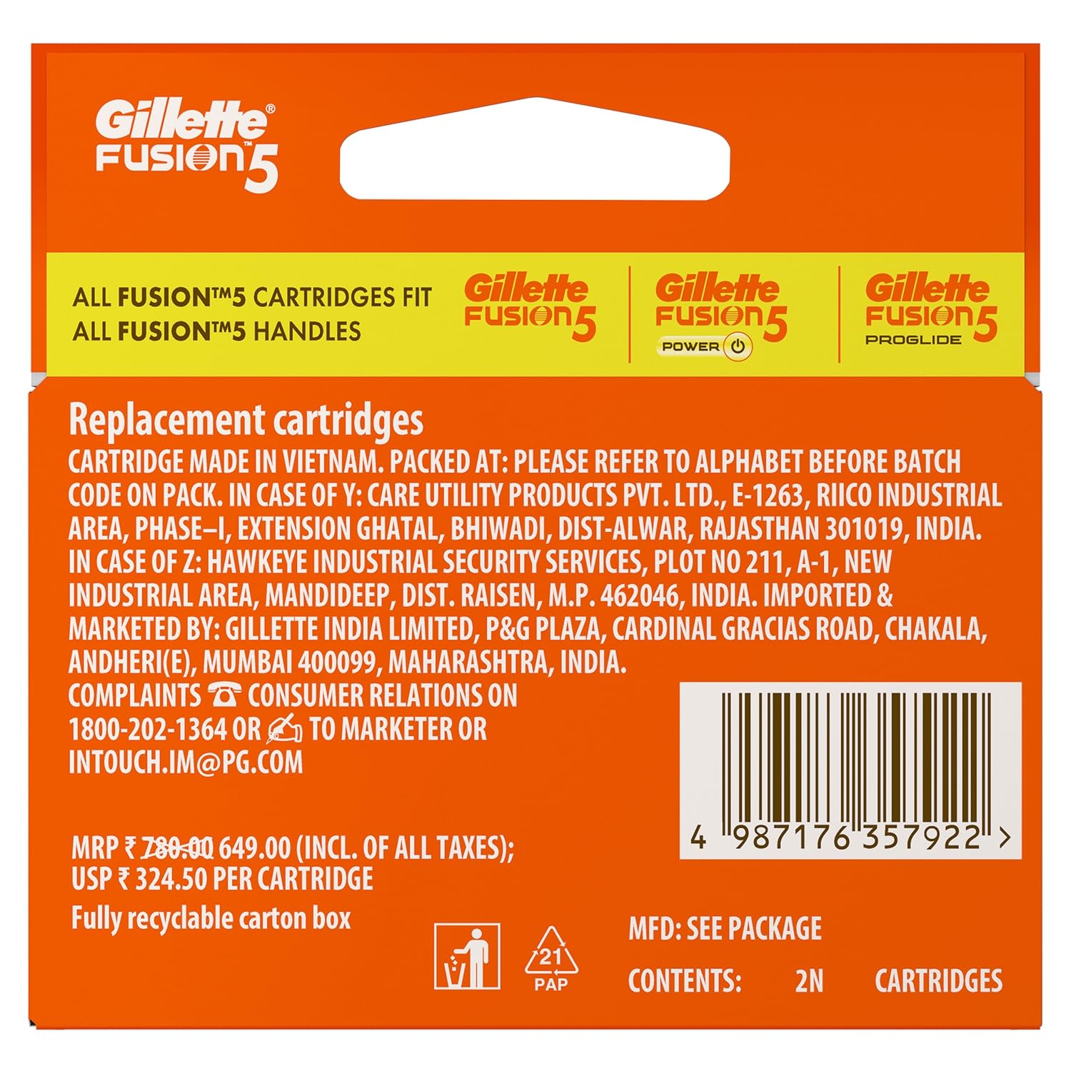 Gillette Fusion Shaving 5-Bladed Cartridges, Pack of 2