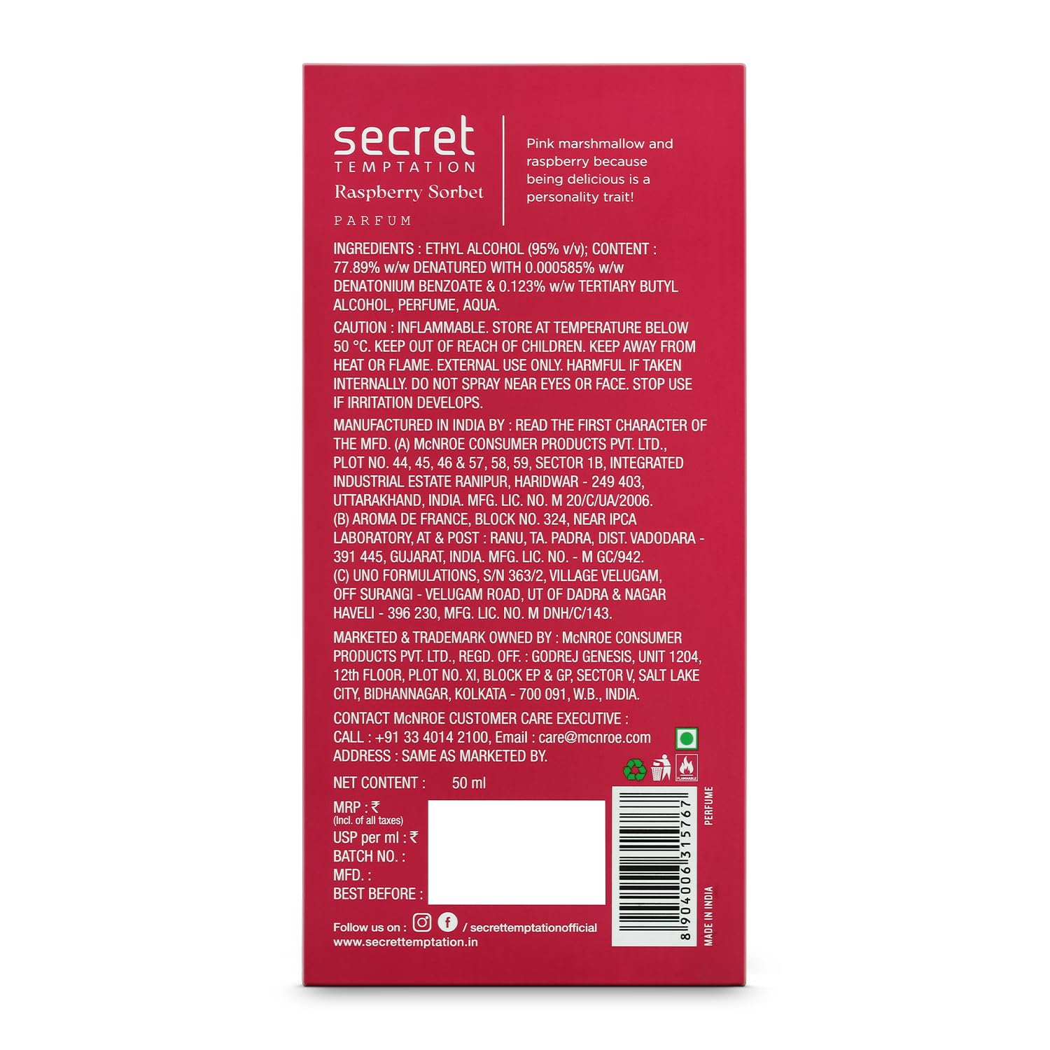 Secret Temptation Raspberry Sorbet Eau De Parfum for Women, 50ml | Zesty & Fruity Berry Fragrance for Women | Long-Lasting Women’s Perfume | Perfect For...