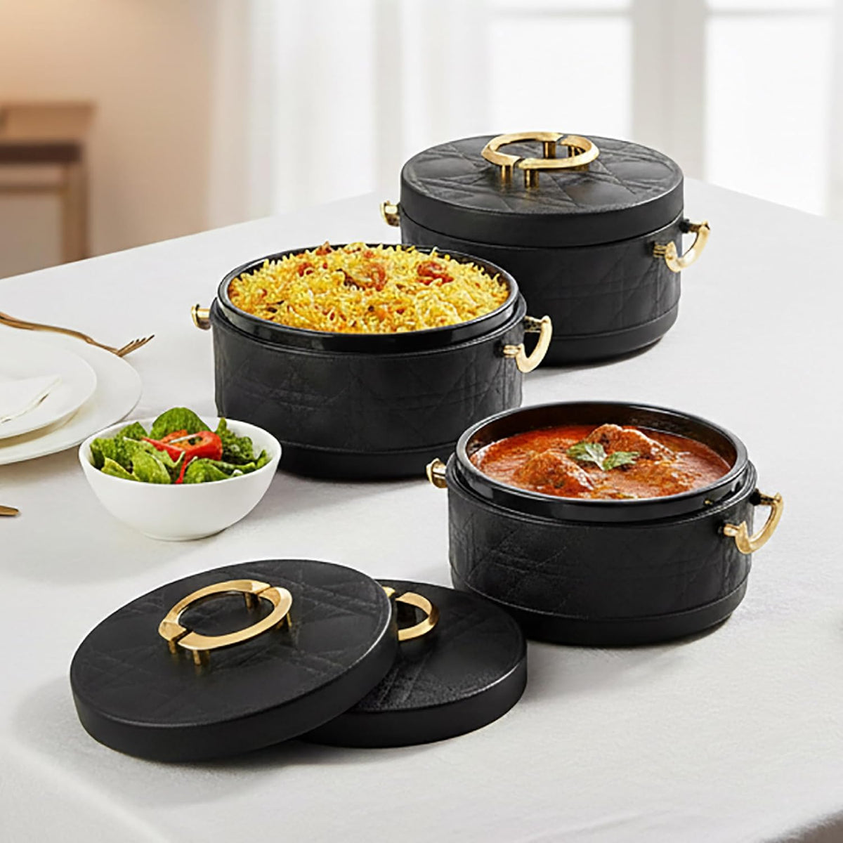 CELLO Ornetto Big Set of 3 Pcs Insulated Steel Casserole Hot Box for Kitchen, Black (1500ml, 2000ml, 2500ml) |