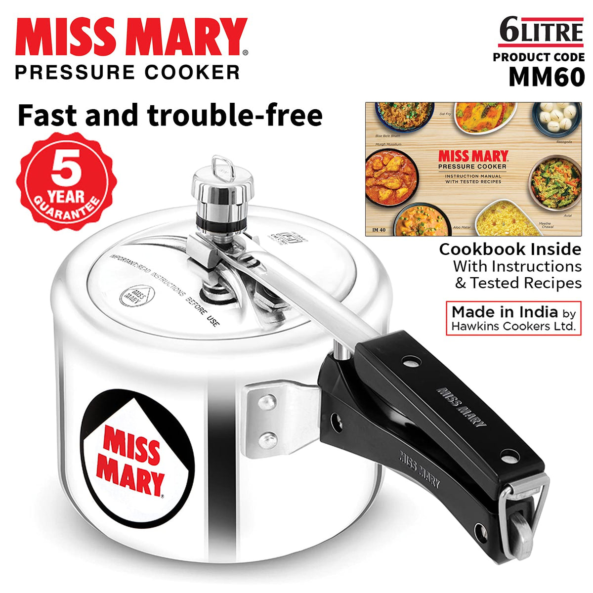 Hawkins Aluminium 6 Litre Miss Mary Pressure Cooker, Inner Lid Cooker, Silver (Mm60)