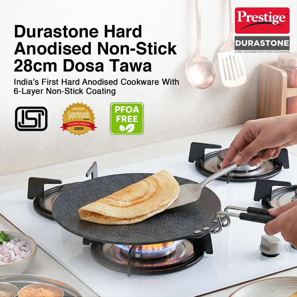 Prestige Durastone 28cm Hard Anodised Non-Stick Dosa Tawa| 6 Layer Non-Stick Coating| Gas and Induction Compatible|