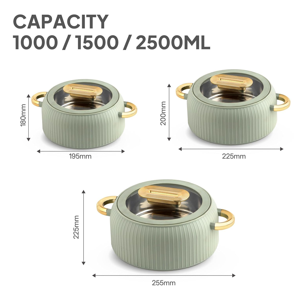 CELLO Castella Deluxe Insulated Steel Casserole Case Set of 3 Pcs, Green (1000ml, 1500ml, 2500ml) |