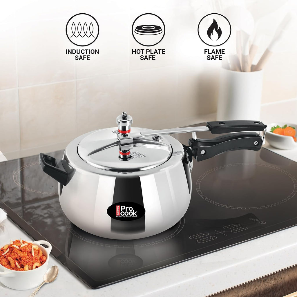 Milton Pro Cook Aluminium Induction Curve Pressure Cooker With Inner Lid, 5 Litre, Silver | Hot Plate Safe | Flame Safe