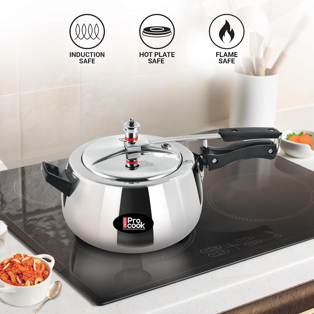 Milton Pro Cook Aluminium Induction Curve Pressure Cooker With Inner Lid, 5 Litre, Silver | Hot Plate Safe | Flame Safe