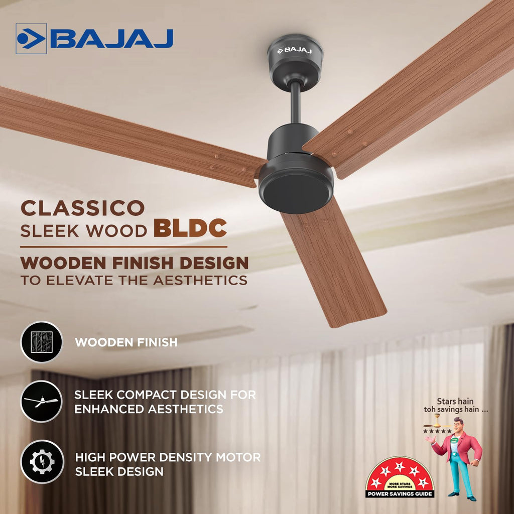 Bajaj Classico Sleek Wood 1200MM (48”) BLDC Ceiling Fan with Remote | BEE 5 Star Rated Energy Efficient |
