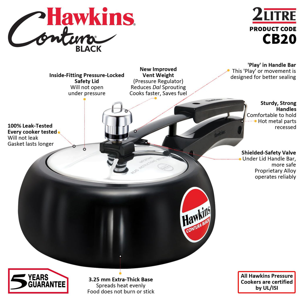 Hawkins 2 Litre Contura Black Pressure Cooker, Hard Anodised Inner Lid Cooker, Handi Cooker, Black (CB20)