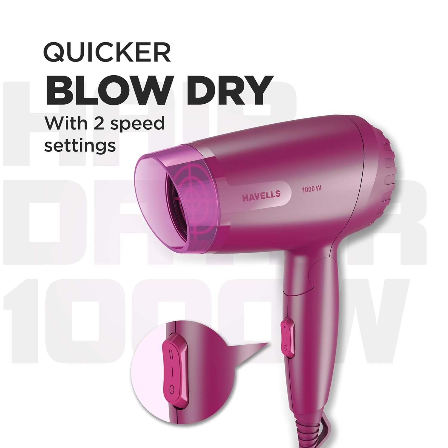 Havells 1000W Foldable Hair Dryer|Blow Dry for Men & Women|2 Temperature Settings| HD1845