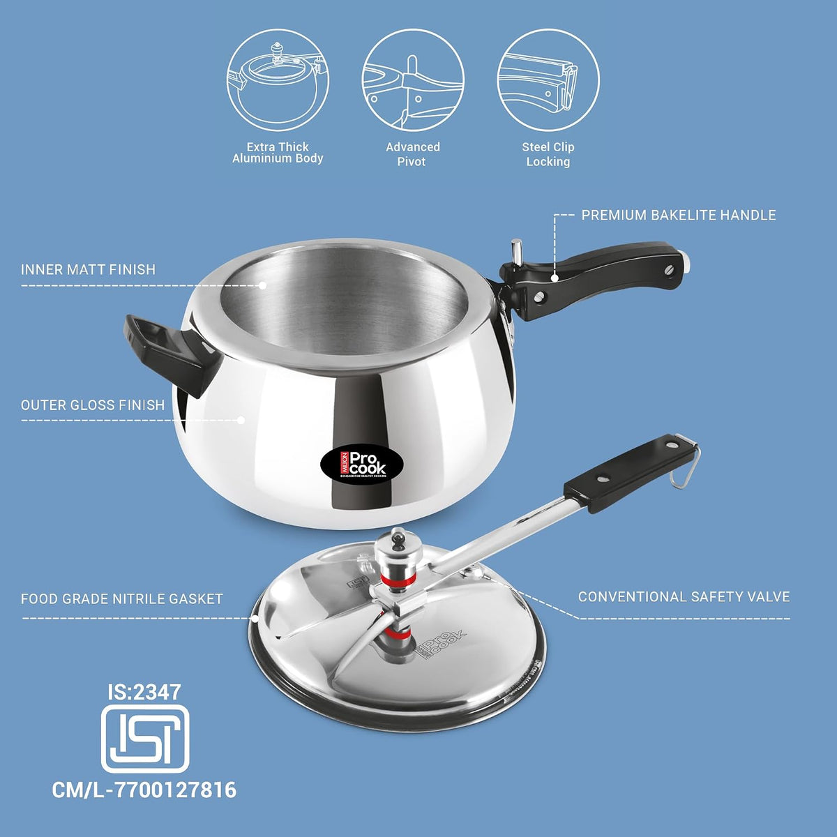 Milton Pro Cook Aluminium Induction Curve Pressure Cooker With Inner Lid, 5 Litre, Silver | Hot Plate Safe | Flame Safe
