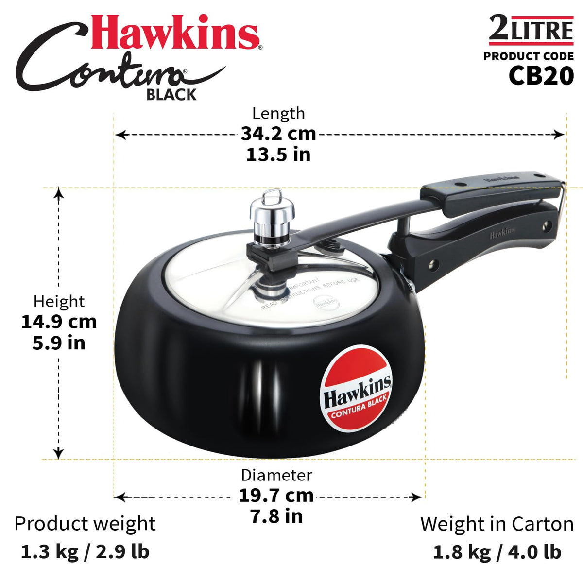Hawkins 2 Litre Contura Black Pressure Cooker, Hard Anodised Inner Lid Cooker, Handi Cooker, Black (CB20)
