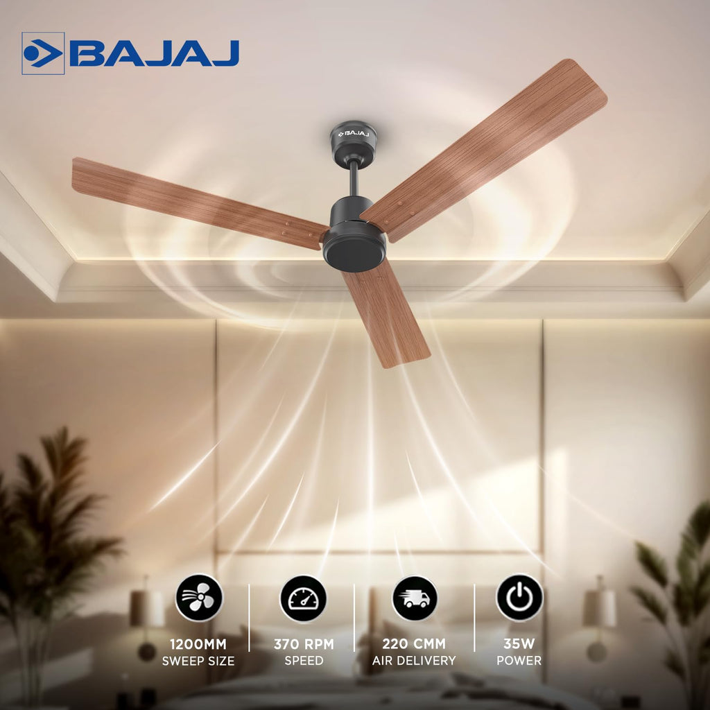 Bajaj Classico Sleek Wood 1200MM (48”) BLDC Ceiling Fan with Remote | BEE 5 Star Rated Energy Efficient |