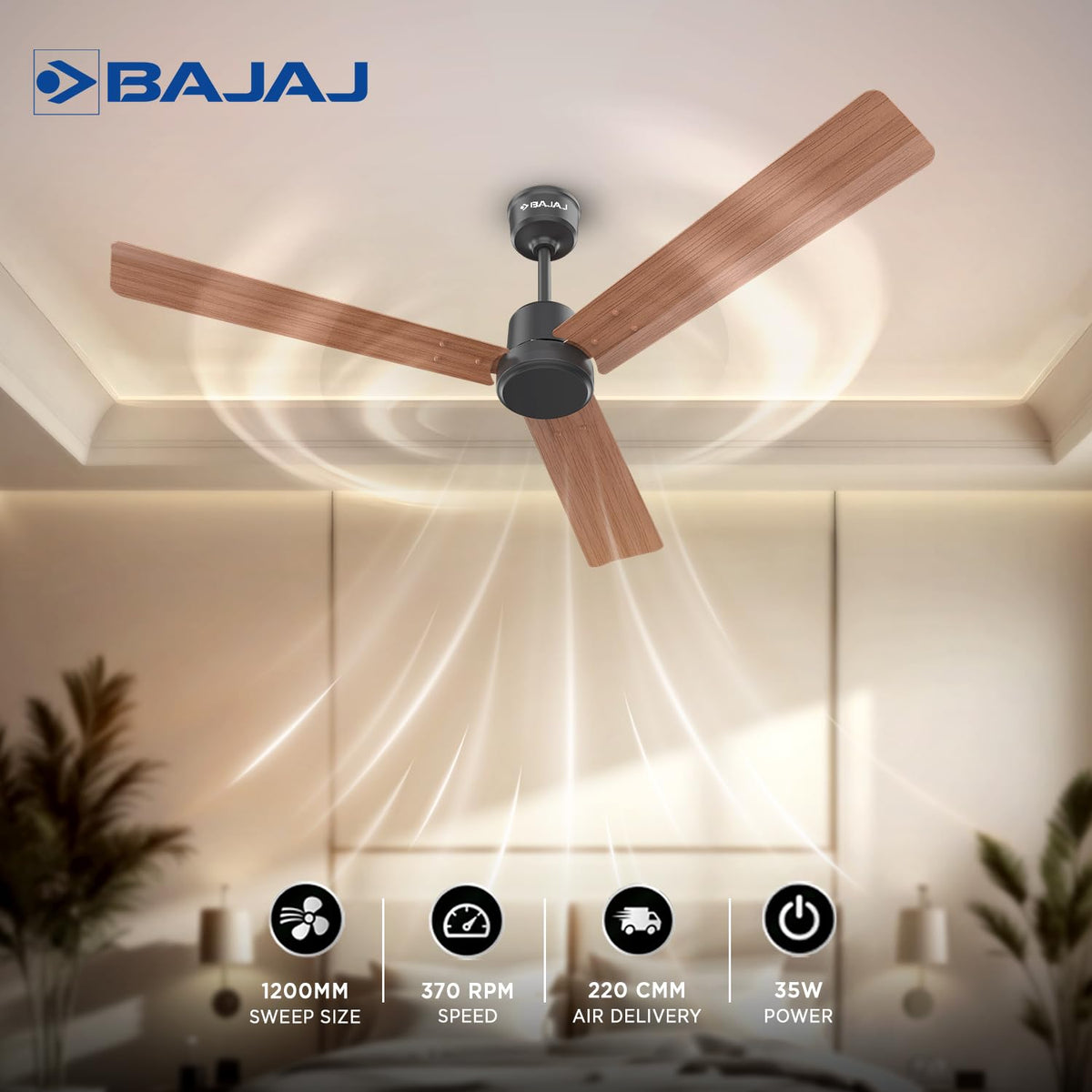 Bajaj Classico Sleek Wood 1200MM (48”) BLDC Ceiling Fan with Remote | BEE 5 Star Rated Energy Efficient |