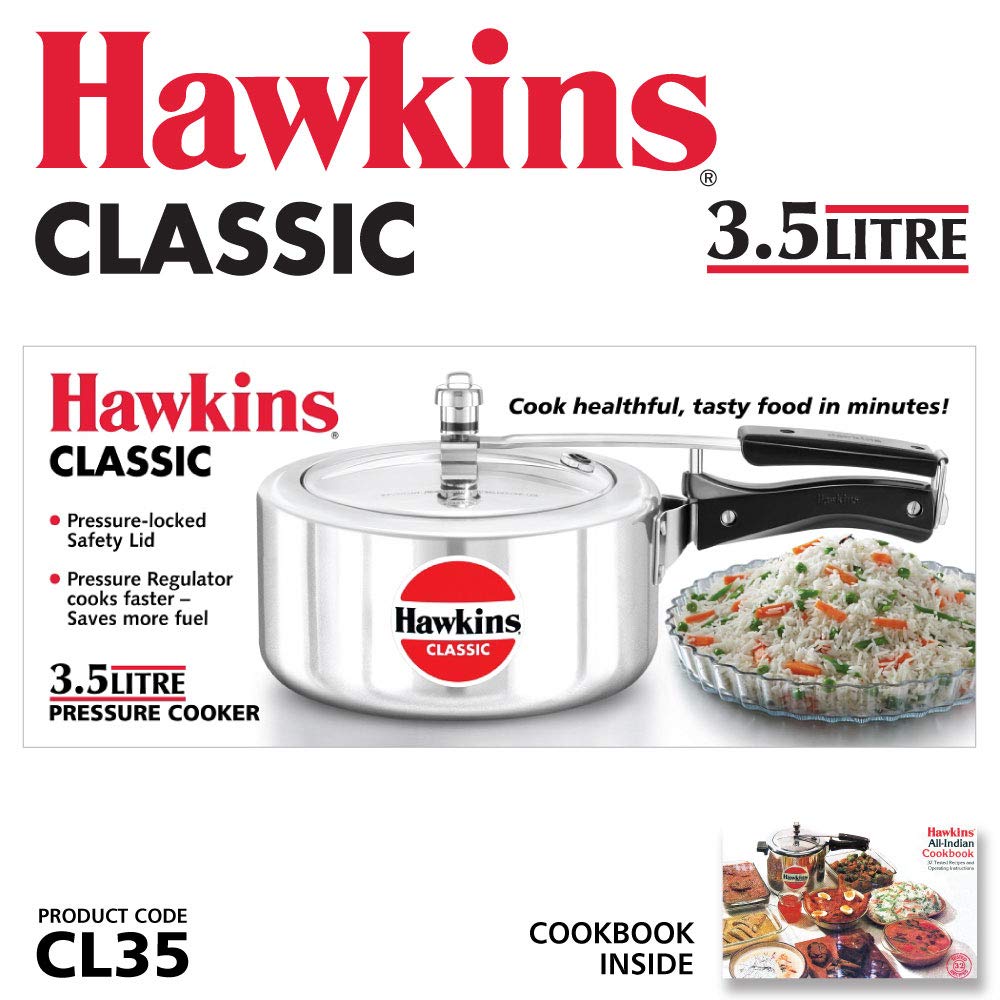 Hawkins Classic 3.5 Litre Pressure Cooker | Straight Body | Gas Compatible | Ideal for 4–5 persons | ISI Certified | 5 Year Guarantee | Silver (CL35)