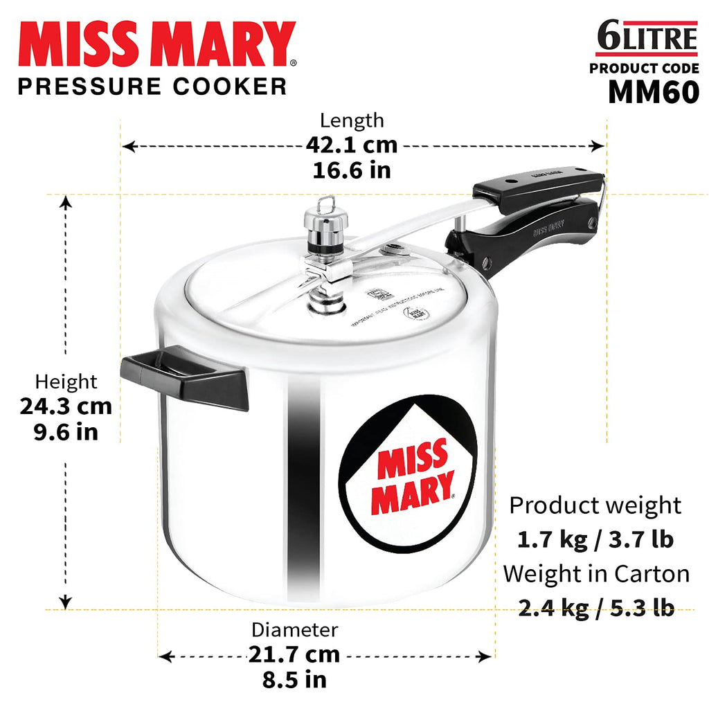 Hawkins Aluminium 6 Litre Miss Mary Pressure Cooker, Inner Lid Cooker, Silver (Mm60)